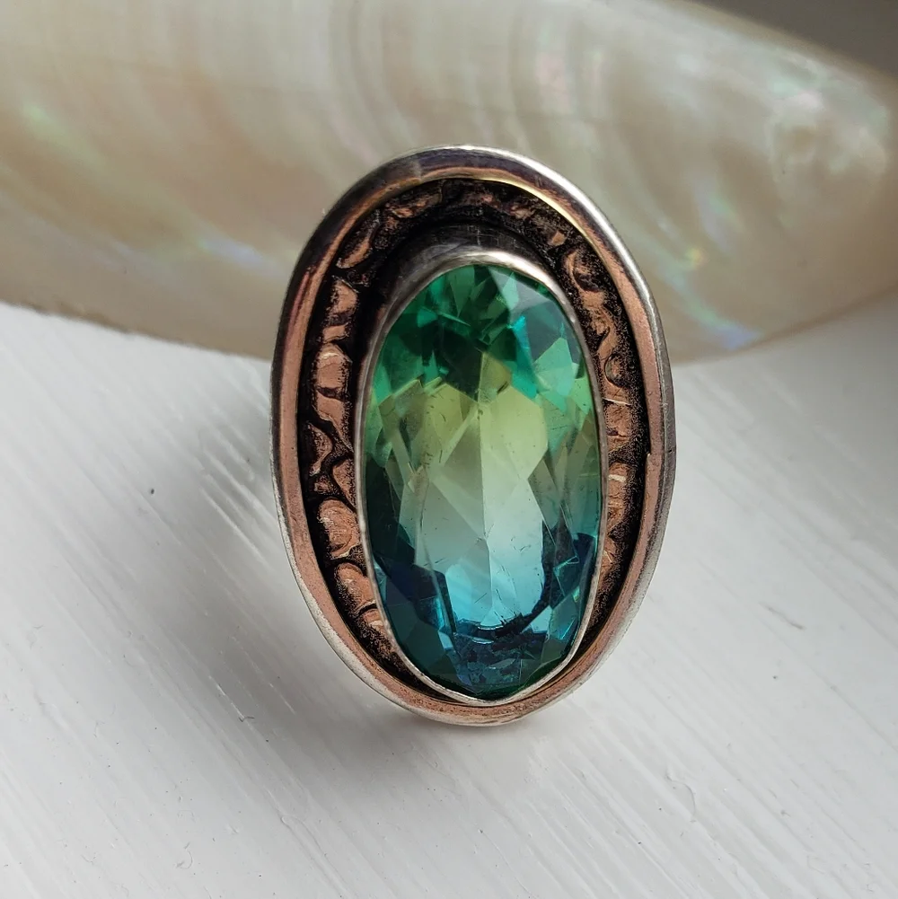 Nwot Tourmaline Blue/green Ring 925 Stamped, Nice Silver, Sz 6 Spectacular Color
